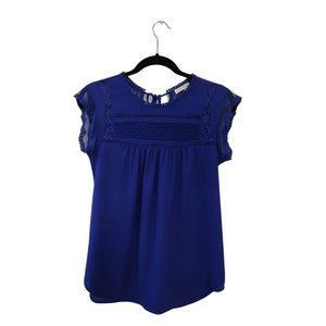 Meadow Rue Short Sleeve Blouse XS High Neck Cobalt Blue